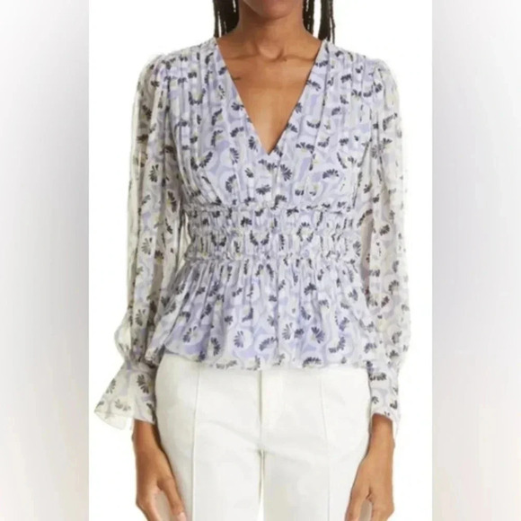 NWT Rebecca Taylor Deco Floral Print Silk Blouse - Fleur Aster Ruffle Peplum - Picture 3 of 13